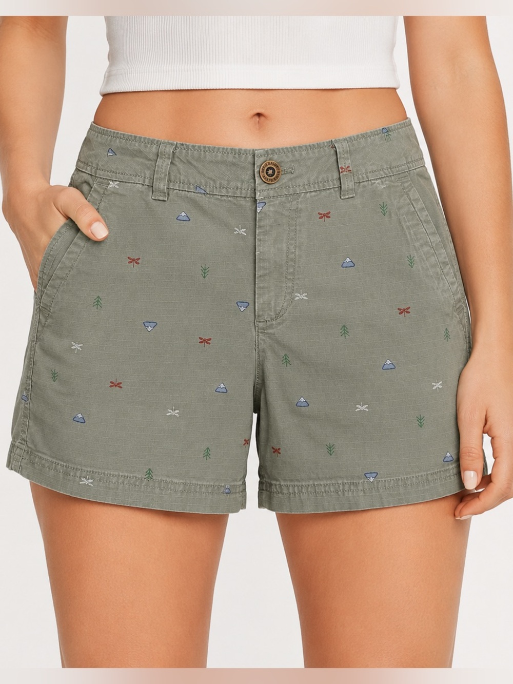 Eddie Bauer Olive Green Outdoor Print Shorts Cotton Stretch Casual Size 6